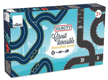 Vilac - Circuito Reversible de 42 Piezas + 2 Coches - Coche Miniatura de Madera - 42 Piezas de Circuito de Montaje + 2 Coches de Madera - Juegos de Despertar para niños de Madera - a Partir de 3 años