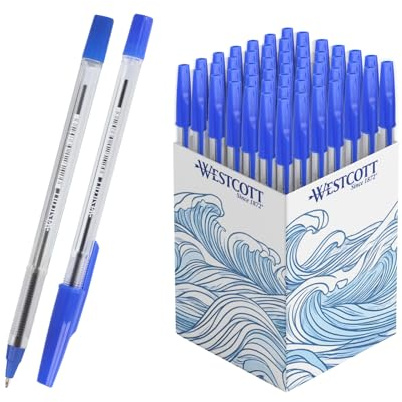 Westcott Kugelschreiber NOW 50 Stück Blau | Dokumentenecht nach ISO 12757-2 | Strickstärke M 0,5mm | Schreibfarbe Blau | Transparenter Schaft | E-745000 00