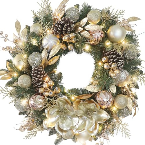 Chrisxiao 24 Inch Christmas Wreath for Front Door, Christmas Wreath with Golden Balls,Pine Needles, Pine Cones & Gold Accents for Home Door Window Wall Indoor Outdoor Christmas Decoration ﻿