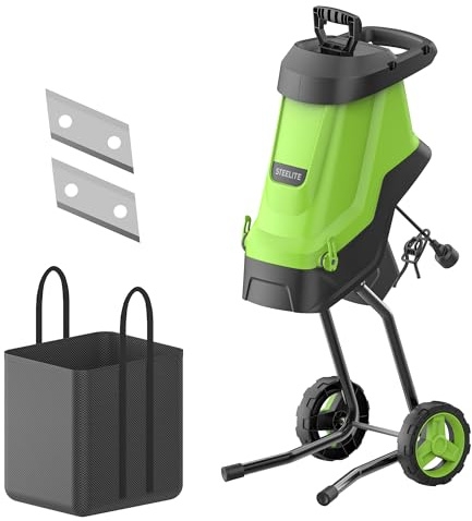STEELITE 15-Amp Electric Wood Chipper with 1.8 Cutting Diameters, 45L Collection Bag Chipper Shredder, Mulcher with Max 15:1 Reduction, Easy-Cleanup Dual Steel Blades Ideal for Branches, Twigs