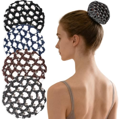 4 PCS Redecilla Pelo Niña,Red para Moño,Redecilla con Diamantes De Imitación, Pelo Gimnasia Ritmica, para Gimnasia,Rítmica,Ballet,Equitación,Patinaje Artístico,Red de Nudo de Baile(Estilo 3)