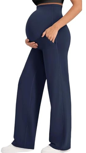 TURWXGSO Maternity Trousers Over Bump Soft Stretchy Elastic Waist Pregnancy Yoga Pants Casual Loose Maternity Pants Comfort Lounge Wide Leg Dress Work Trousers with Pockets