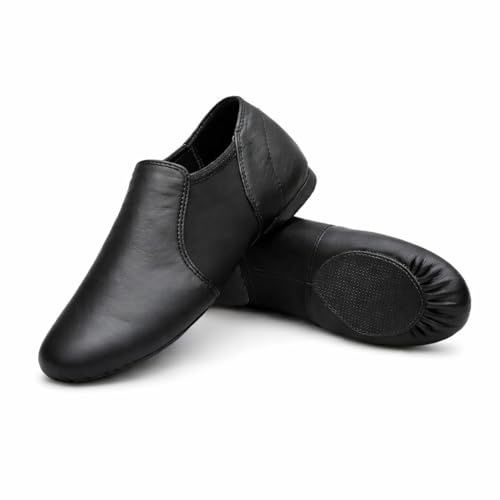 iKelpie Slip On Black Jazz Dance Shoes – Soft Leather Split Sole, Flexible Neoprene Upper, Rubber Heel – Lightweight Modern Stage Dance Shoes for Kids & Adults Kids 6J