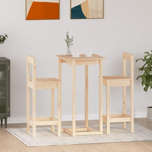 Augerlite Set da bar in legno massello di pino da 3 pezzi, tavolo da bar 60 x 60 x 110 cm, 2 sedie da bar, robusto set da pranzo per soggiorno, gruppo da pranzo rustico, mobili stabili per piccoli