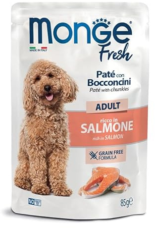 Monge Fresh Paté con Bocconcini al Salmone, Cibo Umido per Cani Adulti, Senza Cereali, 6 Bustine da 85 g