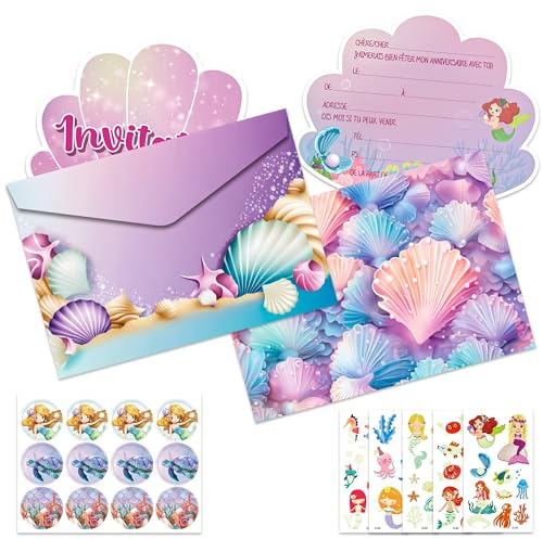 Ghope Invitation Anniversaire Fille, 12 Cartes d'Invitation Sirène Coquillage en Français avec Enveloppes et Autocollants, 5 Tatouages de Papillons, Invitation d'anniversaire enfant Fille
