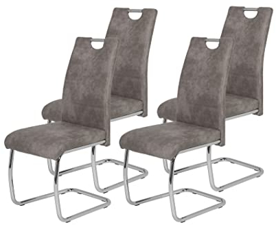 Hela Tische 4er Set Schwingstuhl, Küchenstuhl Flora II, Microfaser Vintage Grau, Rundrohrgestell verchromt, Lehne mit Griff