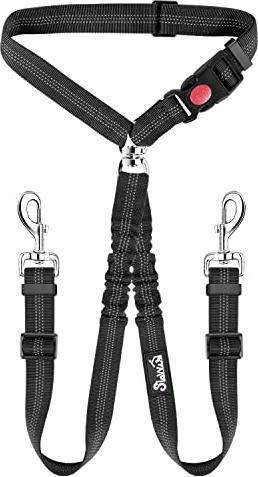 SlowTon Double Dog Seat Belt, New Dual Pet Car Headrest Restraint Safety Seatbelt No Tangle Dog Leash Duty Adjust Elastic Bungee Puppy Lead Splitter Connect Harness in Vehicle Travel for 2 dog (Black)