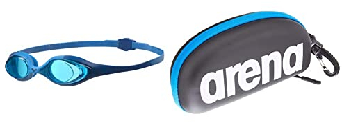 ARENA Kinder Unisex Training Wettkampf Schwimmbrille Spider Junior, Blue-Lightblue-Blue, One Size & Unisex Schwimmbrillen Etui zur Aufbewahrung der Schwimmbrille, Black-White-Royal, One Size