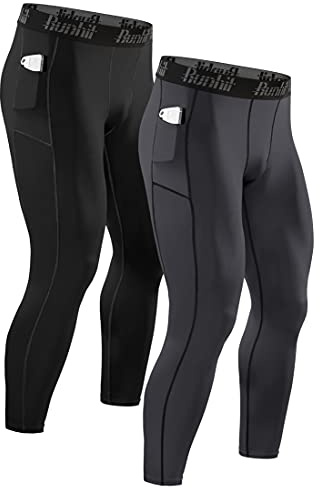 Runhit Mens Leggings Compression Pants for Men Tights with Pocket Running Pants for Men Workout Jogger Thermal Winter Base Layer Gray Black 2 Pack XXL