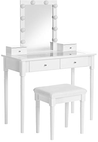 VASAGLE Schminktisch, Frisiertisch-Set, gepolsterter Hocker und 10 dimmbare Glühbirnen, 2 große und 2 kleine Schubladen, transparente Tischplatte aus Hartglas, Geschenkidee, weiß RDT172W01