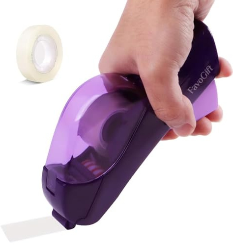 FavoGift One-Handed Tape Dispenser Gun - Automatic Cutter for Gift Wrapping, Office & Crafts - Portable, Safe Hidden Blade, No Batteries - Fits 1/2 to 3/4 Tape (Include 1 Roll, Purple)