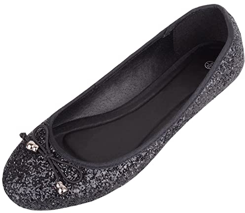 Womens Slip On Casual Party Glittery Ballerina Style Pumps Dolly Shoes - Black - UK 5 / EU 38