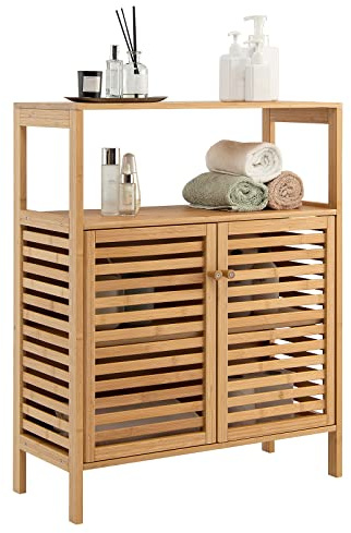 COSTWAY Badezimmerschrank Bambus, Badschrank mit 2 Lamellentüren, Schrank multifunktional für Badezimmer, Wohnzimmer, Küche, Flur, 64 x 27,5 x 80 cm