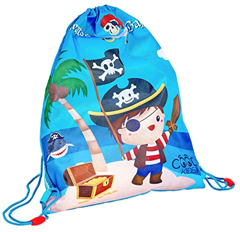 PERLETTI Mochila de Cuerdas Niño con Pirata - Mochila Saco Deporte Zapatos para Chicos Escuela Gimnasio - Bolsa de Cuerdas Deportiva Impermeable Azul Niños con Cordones Ajustable - 39x31 cm (Pirata)