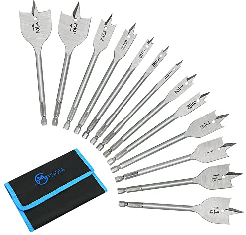 GMTOOLS 13 Piece Spade Drill Bit Sets, Paddle Flat Bit for Hole Cutter Woodworking, 1/4 to 1-1/2, Carbon Steel Paddle Flat Bit with Quick Change Shank, Nylon Storage Pouch Included