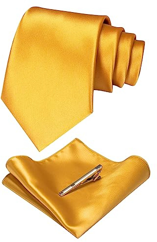 JEMYGINS Ensemble Cravate Homme en Satin Multicolore avec Pinces à Cravate et Carré de Poche jaune bronzé