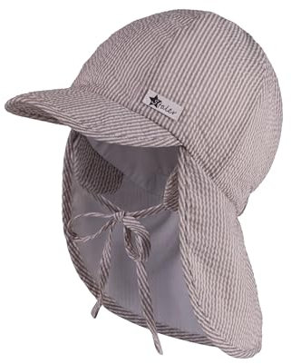Sterntaler Schirmmütze Seersucker mit Nackenschutz und Bindeband für Jungen UV 50+ - Baby Mütze mit Ohrenklappen und Bindeband - Schirmmütze Baby mit Streifenoptik - blassbraun, 47