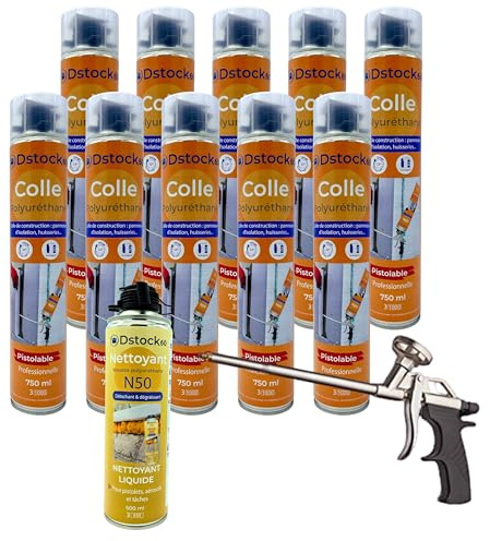 DSTOCK60 - Lot de 10 colles de montage polyuréthane + 1 pistolet + 1 nettoyant mousse - Mousse polyuréthane faiblement expansive pour le collage des panneaux isolants, rouleaux de bitume, huisseries