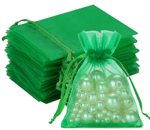 G2PLUS Green Organza Gift Pouches 7x9 cm: Small Favor Bags, 50 PCS | Wedding Jewelry Bags, Clear Mesh Pouches for Wedding, Christmas, Birthday, Anniversary