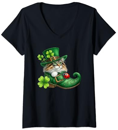 Womens St Patrickâs Day Cat in Shoes - Norwegian Forest - Cute V-Neck T-Shirt