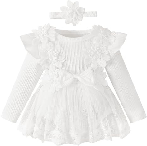 IBAKOM B?b? Fille ? Manches Longues C?tel? Tricot? Robe Pantalons B?b? Dentelle Tutu Robe Florale et Bandeau Ensemble de V?tements G?teau Cass? Mariage F?te d'anniversaire Costume Blanc 12-18M