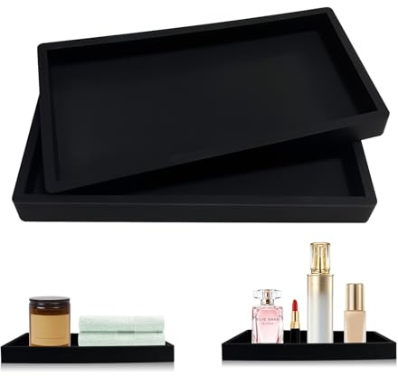 ZephyrCraft 2 Pack Black Silicone Bathroom Vanity Tray - Waterproof Rectangular Decorative Organizer for Jewelry, Perfume, Candles, Cosmetics | Durable Multifunctional Countertop Tray (20x10cm)
