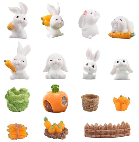 DBALL 15 Pezzi Coniglietti Pasquali Decorazioni in Poliresina Miniature Coniglietto Pasquale da Giardino Mini Carote Cavoli Coniglietti Pasquali Decorazione Pasquale