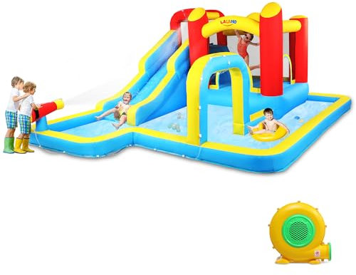 HOBBYZOO Château Gonflable avec Souffleur, Grande Aire de Jeux Gonflable Enfant avec Toboggan, Piscine, Mur d'escalade, Pistolet à Eau, Convient pour 3 Enfants 3-10 Ans, 465 x 365 x195 cm
