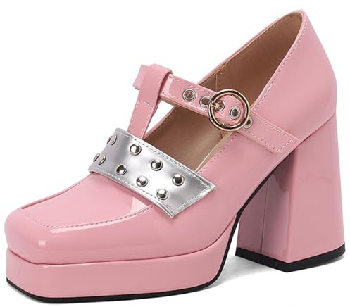 Tjocka plattformspumpar för kvinnor med 9,5 cm blockklack och 2 cm plattform – fyrkantig tå punkstil nitade T-remsandaler i PU-läder, Rosa, 40.5 EU