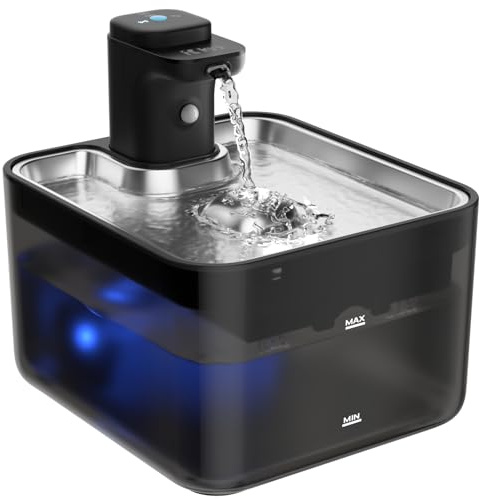 KYG Fuente de Agua para Gatos Inalámbrica 3L, Bebedero Automático con Sensor de Movimiento, Bandeja de Acero Inoxidable 304, Bomba Silenciosa, Batería 4000mAh (Módulo de Alimentación Extraíble), Negro