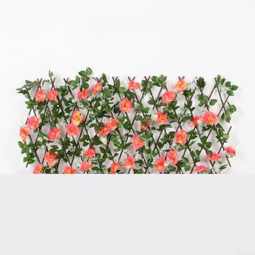 Enrejado de madera expandible con artificial para flores de cerezo y hojas verdes para decoración de pared de jardín, pantalla de privacidad y valla al aire libre (rosa oscuro)