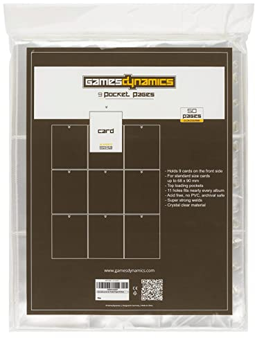 GamesDynamics 50 x 9-Pocket Pages transparent I Sammelkarten Hülle für Karten in Standardgröße I 11fach gelochte Ordnerseiten für Sammel-Album I Toploading Kartenhüllen für Sammel-Mappe