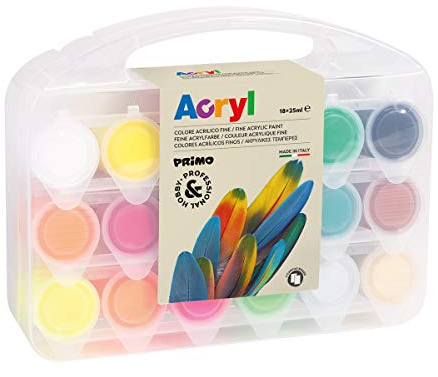Morocolor PRIMO, jeu de couleurs acryliques en pots 18 peintures acryliques à peindre (12 normales, 4 fluorescentes, or, argent) 25ml + 2 cartes en toile couleurs acryliques permanentes Made in Italy
