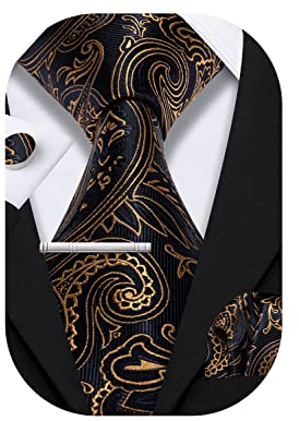 Barry.Wang Herren Krawatte Seide Set Florale Paisley-Krawatte Einstecktuch Manschettenknöpfe im Krawattenklammer Feierliche Hochzeit Party