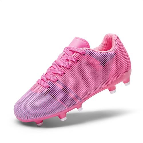 DREAM PAIRS Boys Girls Soccer Cleats Youth Firm Groud Athletic Outdoor Trainning Football Shoes for Little/Big Kid,Size 12 Little Kid,Rose Red/White,KKUMSO2508