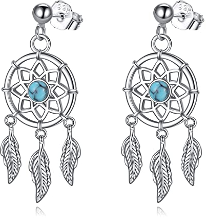 VONALA Boucles d'oreilles attrape-rêves en argent sterling avec plumes turquoises - Cadeau pour femmes et adolescentes, 28.2*11.5mm, Argent sterling, Turquoise