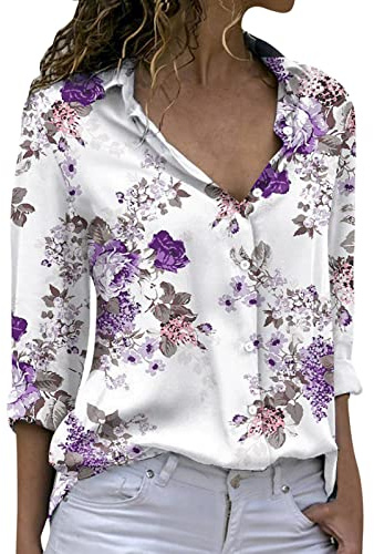 Magliette Donna Casual Elegante Oversize Blusa Scollo a V Lunga Chiffon Camicia Cerimonia Manica Lunga Magliette Top Fantasia Stampa Camicetta T-Shirt Sexy Curvy