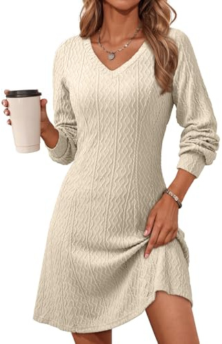 Dokotoo Spring Dresses for Women Wedding Guest Fall Winter Clothing 2026 Business Casual Work Long Sleeve V Neck Knit Western Dress Ladies A Line Sweater Dress Beige Dresses for Women M