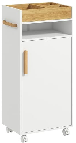 kleankin Mobiletto Bagno con Vassoio Rimovibile, Ripiano Aperto e Armadietto Chiuso con Ripiano Regolabile, Mobile Contenitore con Rotelle in Legno e Truciolato, 40x30x88 cm, Bianco