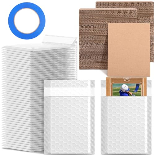 Tatuo 301 Pcs Trading Card Shipping Protector Set Include 200 Corrugated Cardboard Sheets Inserts 100 Poly Bubble Mailers Padded Envelopes and Masking Tape(White)