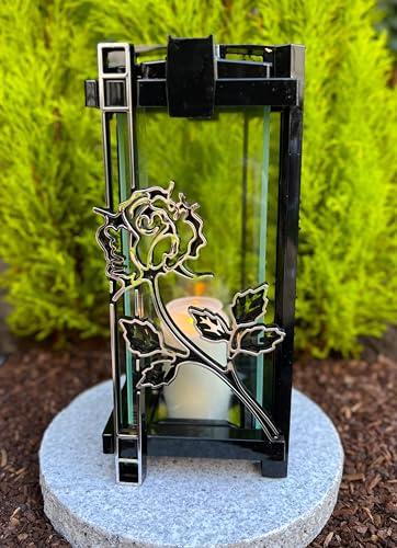 Lanterne funéraire avec rose en argent 33 cm de hauteur - Lampe funéraire avec bougie sans socle