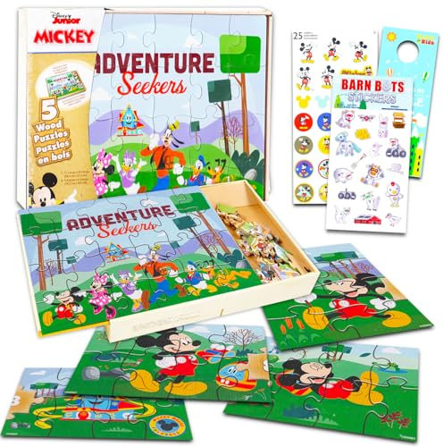 Mickey Mouse Wooden Puzzle 5 Pack - Mickey Mouse Wood Puzzles Bundle with Holding Tray with Mickey Stickers and More | Mickey Mouse Jigsaw Puzzles for Kids