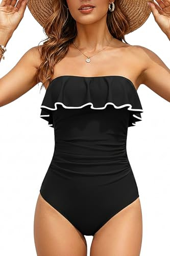 Holipick Black with White Strapless One Piece Swimsuits for Women Tummy Control Bandeau Bathing Suits Ruffle Slimming Swimwear L