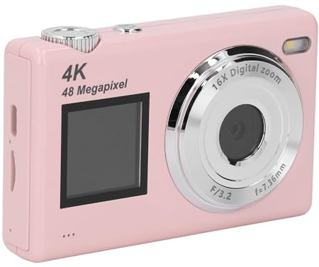 4K Digitalkamera Autofokus 48MP Anti Shake 16X Digital Zoom Skönhetsfilter Bärbar Kompaktkamera Dubbelskärm för Studenter (Rosa)