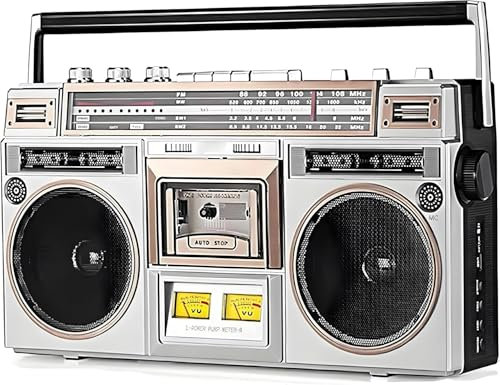 Boombox Bluetooth, Boombox de cassette portátil con radio AM/FM, refuerzo de graves, altavoz incorporado, reproductor de cintas estilo boombox retro clásico de los 80, admite entrada SD/USB, ideal par