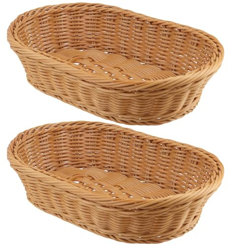 ZOENHOU 2 cestas de pan ovaladas trenzadas 30 x 20 x 7 cm, cesta de mimbre cuadrada elíptica, cesta de plástico con aspecto de ratán para pan, frutas, verduras, organizador, salón, cocina, dormitorio