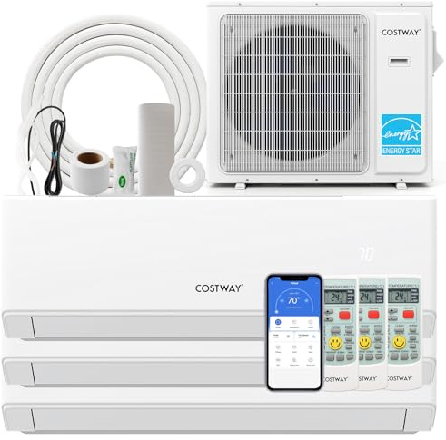 COSTWAY 30k Tri 3 Zone Mini Split Air Conditioner, 23 SEER2, 9k+18k+18k BTU, 208-230V, Wifi Enabled Multi Zones Mini Split AC Heat Pump Full Set, Ductless Energy Star