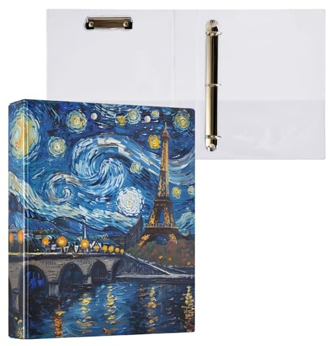 Reiacy Ring Binder, Van V Gogh Eiffel Tower 3 Ring A4 Binders with Clip Hold 200 Sheets, Large D-Ring File Organizer for Home School Office Supplies