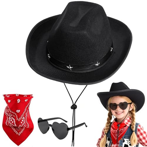 AUYAO Chapeau de CowBoy pour Fille Garçons, 3Pcs Sheriff Chapeau pour Enfants avec Étoile, Lunettes de Soleil Coeur, Bandana, Couleur Cowboy Solide, Chapeau Western pour Carnaval, Halloween